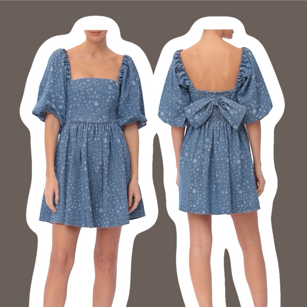 Avec Les Filles Heart Puff Sleeve Bow Back Denim Style Dress New with Tags Large